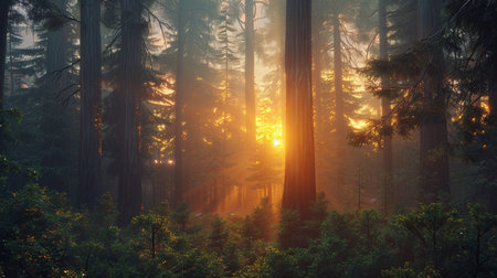 Sunset in the pine forest. 3d illustration. Toned. Generate AIの素材