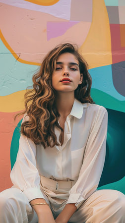 Portrait of beautiful young woman with crossed arms looking at camera on colorful background.  Generate Aiの素材