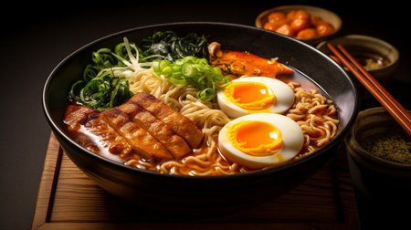 japanese ramen noodle with pork and egg on black background Generate Aiの素材