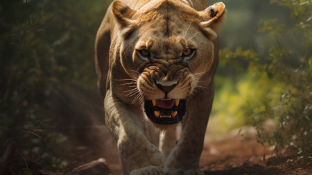 Lion in the jungle. Wildlife scene from nature. Portrait of a lioness. Generate AIの素材