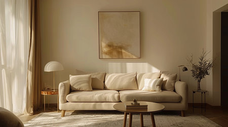 Interior of modern living room with white sofa  coffee table and plant. Generate AI3D renderingの素材