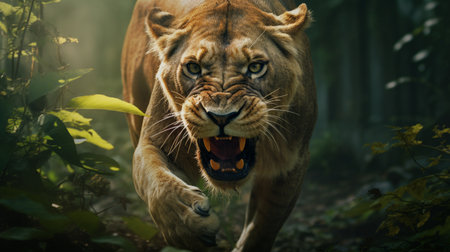 Lion in the jungle. Wildlife scene from nature. Portrait of a lioness. Generate AIの素材