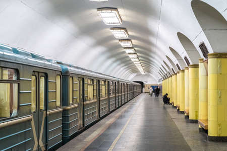 MOSCOW, RUSSIA - 20 january 2017: Kaluzhsko-Rizhskaya line (line 6). Metro station Rizhskaya. Old train at the stationのeditorial素材
