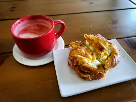 Breakfast with bread and milk.の写真素材