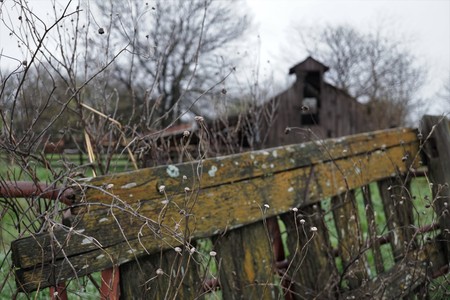 Crumbling fence in a fieldの写真素材