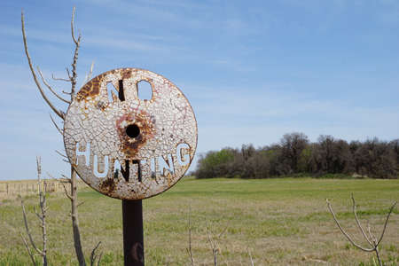 No hunting sign on a fieldの写真素材