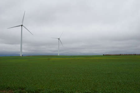 Wind turbines in a large fieldの写真素材