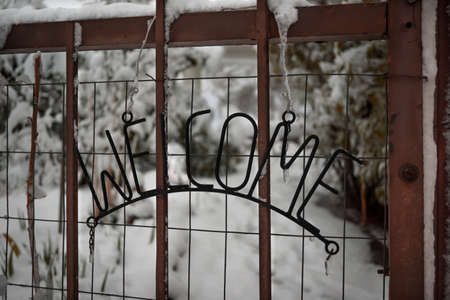 Metal sign covered in ice after a stormの写真素材