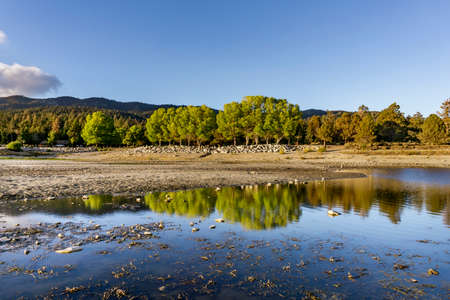 Autumn trees reflected in the lakeの写真素材