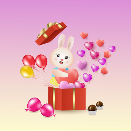 valentines day celebration card, heart shape balloons, with gift boxes, couple in love and pretty rabbit.のイラスト素材