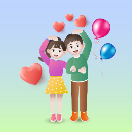 valentines day celebration card, heart shape balloons, with gift boxes, couple in love and pretty rabbit.のイラスト素材