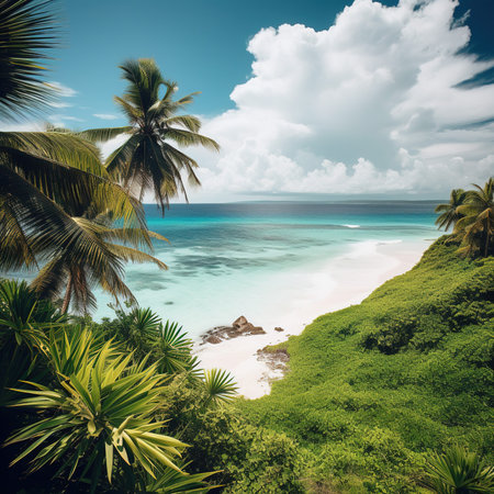 Tropical beach with palm trees and turquoise water in Seychellesの素材