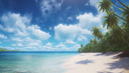 tropical beach with palm trees and turquoise sea under blue skyの素材
