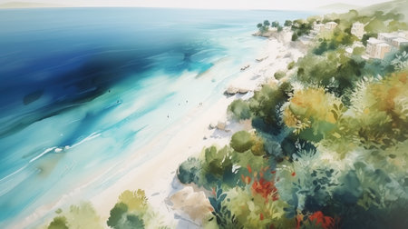 Beautiful seascape. Watercolor painting. Digital illustration.の素材