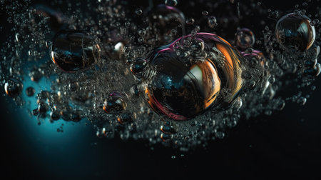 Abstract water with bubbles on black background. 3d render illustration.の素材