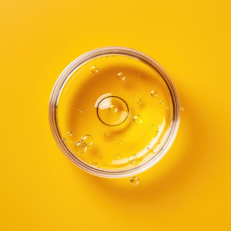 Bowl of honey on yellow background. Top view. Flat layの素材