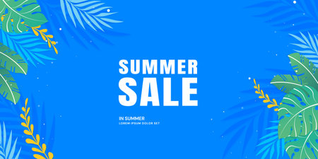 Summer sale banner with tropical leaves on blue background. Vector illustration.のイラスト素材