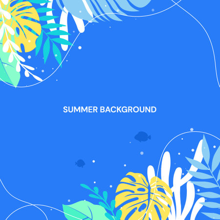 Summer background with tropical leaves. Vector illustration in flat cartoon style.のイラスト素材