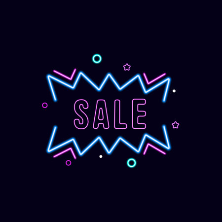 Sale banner in neon style on dark background. Vector illustration.のイラスト素材