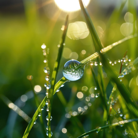Fresh grass with dew drops close up. Beautiful nature background.の素材