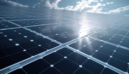 Solar panels with blue sky background. 3D Rendering, 3D illustration.の素材