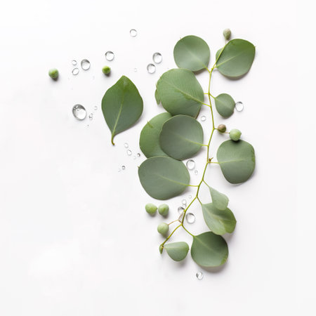 Eucalyptus branch with green leaves and water drops on white backgroundの素材