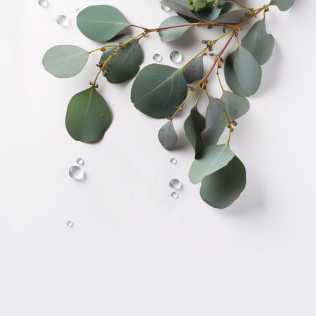 Eucalyptus branches with water drops on white background. Flat lay, top viewの素材