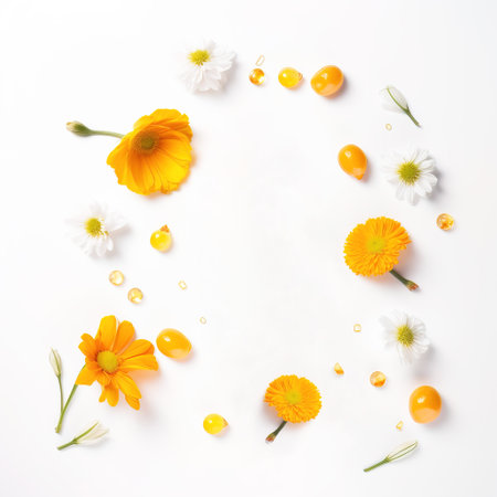 Flowers composition. Frame made of calendula flowers on white background. Flat lay, top view, copy spaceの素材