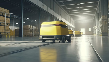 3d rendering of yellow truck in warehouse. Logistics and transportation conceptの素材