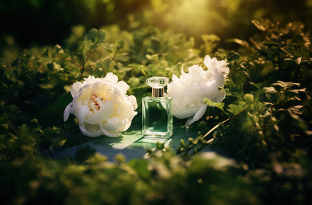 bottle of perfume on the background of green grass and white flowersの素材