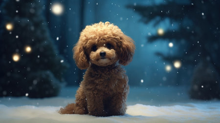 Cute poodle sitting in the snow with christmas tree on backgroundの素材