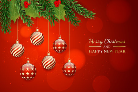 Merry Christmas and Happy New Year greeting card with fir tree branches and red baubles. Vector illustration.のイラスト素材