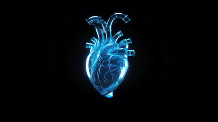 3d render of human heart with blue light isolated on black backgroundの素材