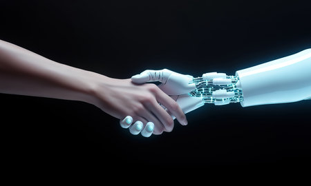 3d rendering humanoid robot hand shake with human hand on dark backgroundの素材