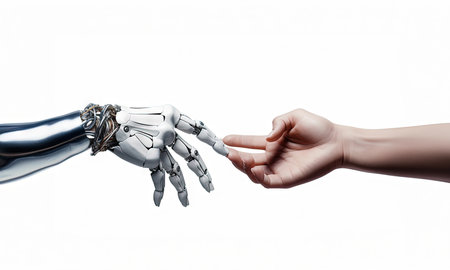 Robotic and human hands in various poses.の素材