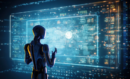 3d rendering cyborg or robot with glowing hologram screen on dark backgroundの素材