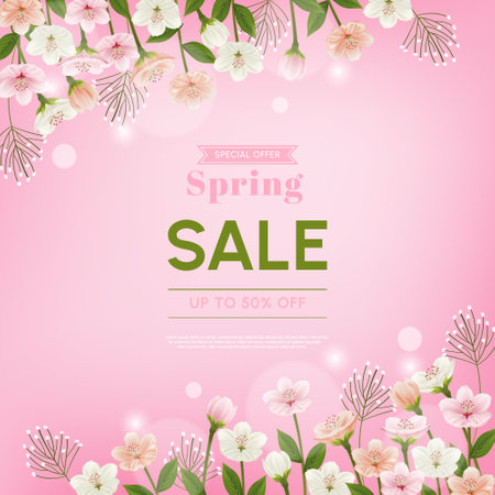 Spring sale banner with sakura flowers on pink background. Vector illustration.のイラスト素材