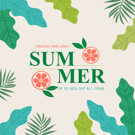 Summer sale poster design template with tropical leaves and grapefruit. Vector illustration
