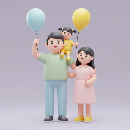 3d illustration of happy family with balloons on a gray background.の素材