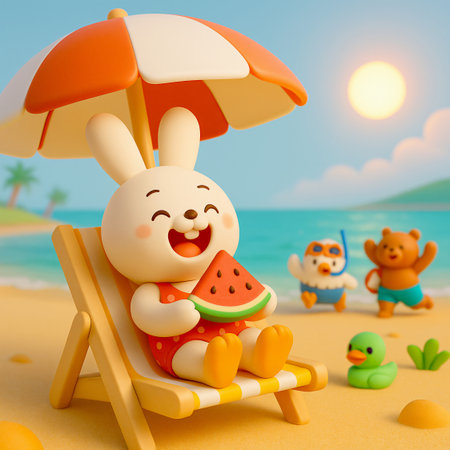 3d render of cute bunny with watermelon on the beach.の素材