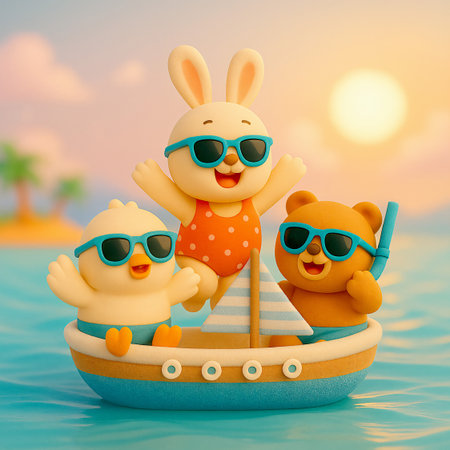 Bunny family in the boat on the beach. 3d renderの素材