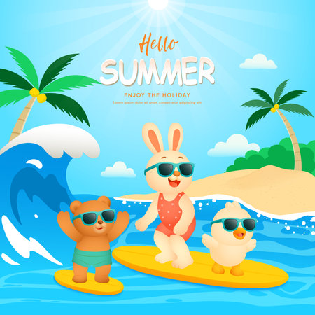 Hello Summer banner with cute animals on the beach. Vector illustration.のイラスト素材
