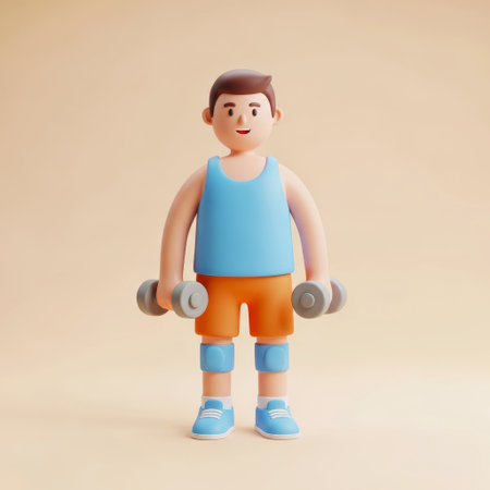 3d render of a little boy doing exercises with dumbbellsの素材