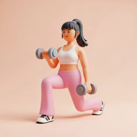 3d illustration of a woman doing fitness exercise with dumbbellsの素材