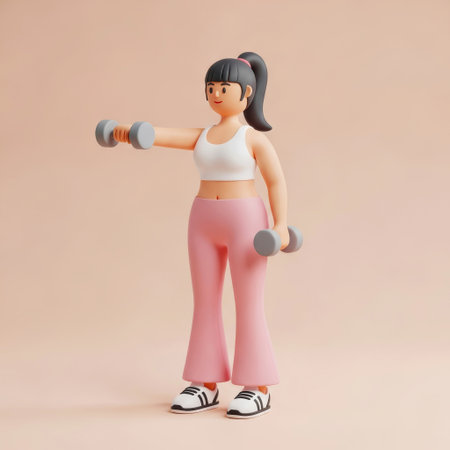 3d illustration of a woman doing fitness exercise with dumbbellsの素材