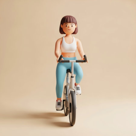 3d illustration of a young woman in sportswear riding a bicycleの素材