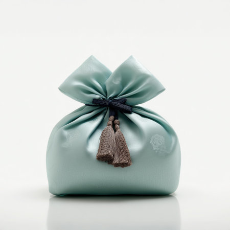 Blue purse with a bow on a white background, close-upの素材