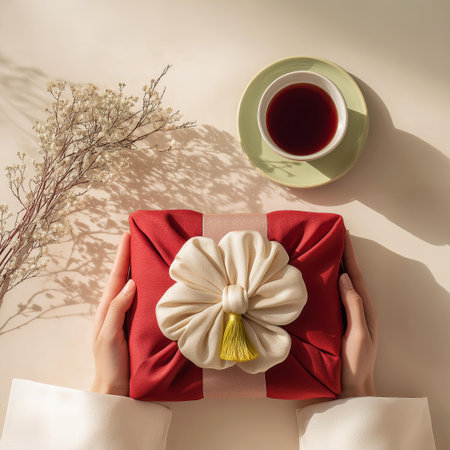 Female hands holding red gift box and cup of tea on light backgroundの素材