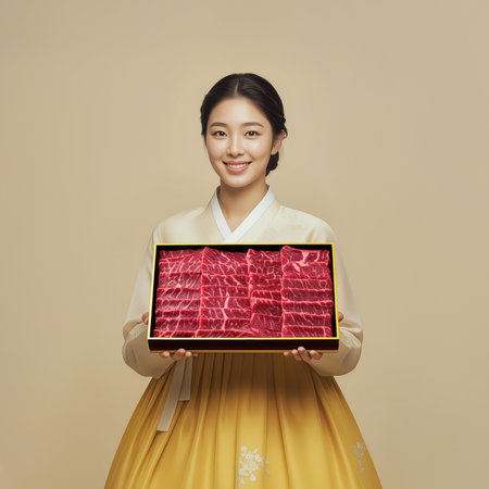 Beautiful young korean woman in kimono holding a plate with raw beefの素材