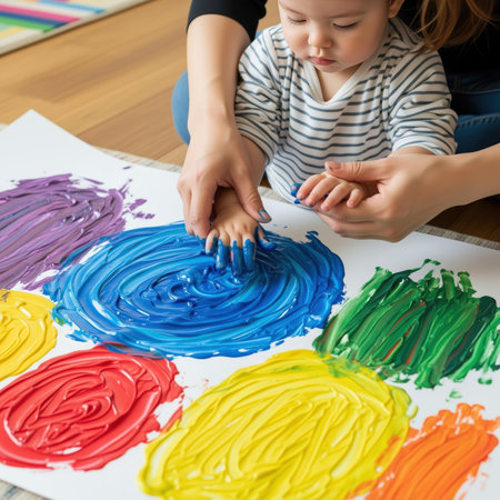 Close-up of a little girl painting with her mother at homeの素材